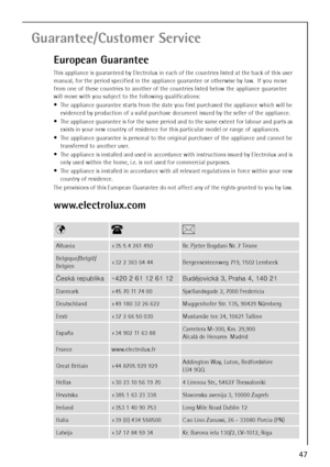 Page 4747
Guarantee/Customer Service
European Guarantee
www.electrolux.com
This appliance is guaranteed by Electrolux in each of the countries listed at the back of this user 
manual, for the period specified in the appliance guarantee or otherwise by law.  If you move 
from one of these countries to another of the countries listed below the appliance guarantee 
will move with you subject to the following qualifications:
 

The appliance guarantee starts from the date you first purchased the appliance which...