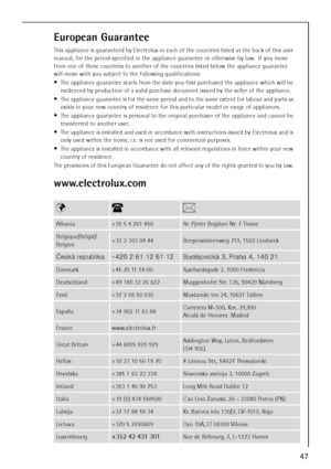 Page 47
47
European Guarantee
www.electrolux.com
This appliance is guaranteed by Electrolux in each of the countries listed at the back of this user 
manual, for the period specified  in the appliance guarantee or otherwise by law.  If you move 
from one of these countries to another of the countries listed below the appliance guarantee 
will move with you subject to  the following qualifications:
 

The appliance guarantee starts from the date  you first purchased the appliance which will be 
evidenced by...