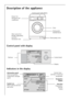 Page 8
8
Description of the appliance
 
Control panel with display
 
Indicators in the display
 
Drawer for 
detergent and
conditioner
Three screw feet 
(height adjustable);
rear left: 
Automatic foot Control panel with display
Rating plate
(behind door)
Door
Drain pump cover
    
LINEN/EASY-C. 60°C1800 RPM10:17-12:16
 îSTARTLINEN/EASY-C.)60°ENERGY SAVING
1800COTTONSDELICATESOPTIONSWOOLLENS 
Control knob
Buttons
Display
 
LINEN/EASY-C. 60°C1800 RPM10:17-12:16
  îSTART
LINEN/EASY-C.)60°ENERGY SAVING...
