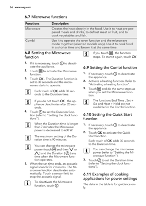 Page 146.7 Microwave functions
FunctionsDescription
MicrowaveCreates the heat directly in the food. Use it to heat pre-pre-
pared meals and drinks, to defrost meat or fruit, and to
cook vegetables and fish.
CombiUse it to operate the oven function and the microwave
mode together (selected models only). Use it to cook food
in a shorter time and brown it at the same time.
6.8 Setting the Microwave
function
1.If it is necessary, touch  to deacti-
vate the appliance.
2.Touch  to activate the Microwave
function....