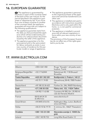 Page 3216. EUROPEAN GUARANTEE
GB This appliance is guaranteed by
Electrolux in each of the countries listed
at the back of this user manual, for the
period specified in the appliance guar-
antee or otherwise by law. If you move
from one of these countries to another
of the countries listed, the appliance
guarantee will move with you subject to
the following qualifications:-
• The appliance guarantee starts from
the date you first purchased the appli-
ance which will be evidenced by pro-
duction of a valid...