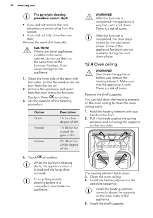 Page 34The pyrolytic cleaning
procedure cannot start:
• if you did not remove the core temperature sensor plug from thesocket.
• if you did not fully close the oven door.
Remove the worst dirt manually.
CAUTION!
If there are other appliances installed in the same
cabinet, do not use them at
the same time as the
function: Pyrolysis. It can
cause damage to the
appliance.
1. Clean the inner side of the door with
hot water, so that the residues do not
burn from the hot air.
2. Activate the appliance and select
from...