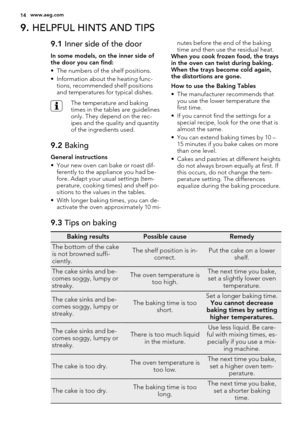 Page 149. HELPFUL HINTS AND TIPS
9.1 Inner side of the door
In some models, on the inner side of
the door you can find:
• The numbers of the shelf positions.
• Information about the heating func-
tions, recommended shelf positions
and temperatures for typical dishes.
The temperature and baking
times in the tables are guidelines
only. They depend on the rec-
ipes and the quality and quantity
of the ingredients used.
9.2 Baking
General instructions
• Your new oven can bake or roast dif-
ferently to the appliance...