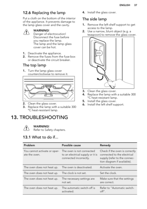 Page 3712.6 Replacing the lamp
Put a cloth on the bottom of the interior
of the appliance. It prevents damage to the lamp glass cover and the cavity.WARNING!
Danger of electrocution!
Disconnect the fuse before
you replace the lamp.
The lamp and the lamp glass
cover can be hot.
1. Deactivate the appliance.
2. Remove the fuses from the fuse box
or deactivate the circuit breaker.
The top lamp
1. Turn the lamp glass cover
counterclockwise to remove it.
2. Clean the glass cover.
3. Replace the lamp with a suitable...