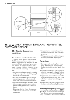 Page 4613
20
2x3,5x25
15. GB IE GREAT BRITAIN & IRELAND - GUARANTEE/
CUSTOMER SERVICE
15.1 Standard guarantee
conditions:
We, Electrolux, undertake that if within
12 months of the date of the purchase
this Electrolux appliance or any part
thereof is proved to be defective by rea-
son only of faulty workmanship or mate-
rials, we will, at our option repair or re-
place the same FREE OF CHARGE for la-
bour, materials or carriage on condition
that:
• Appliance has been correctly installed
and used only on the...