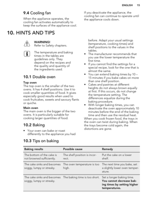 Page 159.4 Cooling fan
When the appliance operates, the cooling fan activates automatically to
keep the surfaces of the appliance cool.If you deactivate the appliance, the
cooling fan can continue to operate until
the appliance cools down.10.  HINTS AND TIPSWARNING!
Refer to Safety chapters.The temperature and baking
times in the tables are
guidelines only. They
depend on the recipes and
the quality and quantity of
the ingredients used.10.1  Double ovenTop oven
The top oven is the smaller of the two
ovens. It...