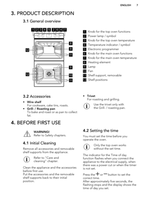Page 73. PRODUCT DESCRIPTION3.1  General overview1Knob for the top oven functions2
Power lamp / symbol
3
Knob for the top oven temperature
4
Temperature indicator / symbol
5
Electronic programmer
6
Knob for the main oven functions
7
Knob for the main oven temperature
8
Heating element
9
Lamp
10
Fan
11
Shelf support, removable
12
Shelf positions
3.2 Accessories
• Wire shelf
For cookware, cake tins, roasts.
• Grill- / Roasting pan
To bake and roast or as pan to collect
fat.• Trivet
For roasting and grilling.Use...