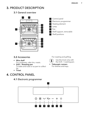 Page 73. PRODUCT DESCRIPTION3.1  General overview1Control panel2
Electronic programmer
3
Heating element
4
Lamp
5
Fan
6
Shelf support, removable
7
Shelf positions
3.2 Accessories
• Wire shelf
For cookware, cake tins, roasts.
• Grill- / Roasting pan
To bake and roast or as pan to collect
fat.
• TrivetFor roasting and grilling.Use the trivet only with
the Grill- / roasting pan.
• Telescopic runners
For shelves and trays.
4.  CONTROL PANEL4.1  Electronic programmerENGLISH721
6
6
1
234
7
1
234
7
3
3
5
5
4
4...