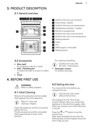 Page 73. PRODUCT DESCRIPTION3.1  General overview1Knob for the top oven functions2
Power lamp / symbol
3
Knob for the top oven temperature
4
Temperature indicator / symbol
5
Electronic programmer
6
Knob for the main oven functions
7
Knob for the main oven temperature
8
Heating element
9
Lamp
10
Fan
11
Shelf support, removable
12
Shelf positions
3.2 Accessories
• Wire shelf
For cookware, cake tins, roasts.
• Grill- / Roasting pan
To bake and roast or as pan to collect
fat.
• TrivetFor roasting and grilling.Use...