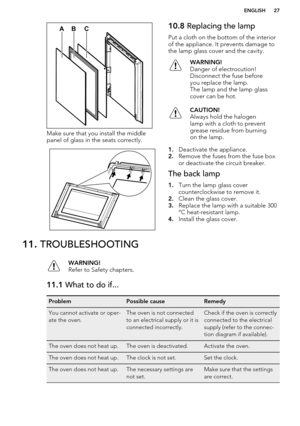 Page 27Make sure that you install the middle
panel of glass in the seats correctly.
10.8  Replacing the lamp
Put a cloth on the bottom of the interior
of the appliance. It prevents damage to the lamp glass cover and the cavity.WARNING!
Danger of electrocution!
Disconnect the fuse before
you replace the lamp.
The lamp and the lamp glass
cover can be hot.CAUTION!
Always hold the halogen
lamp with a cloth to prevent
grease residue from burning
on the lamp.
1. Deactivate the appliance.
2. Remove the fuses from the...