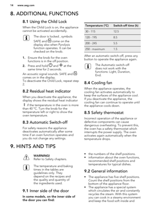 Page 148. ADDITIONAL FUNCTIONS8.1  Using the Child Lock
When the Child Lock is on, the appliance
cannot be activated accidentally.The door is locked , symbols
SAFE and 
 come on the
display also when Pyrolysis
function operates. It can be
checked on the knob.
1. Ensure the knob for the oven
functions is in the off position.
2. Press and hold 
 and  at the
same time for 2 seconds.
An acoustic signal sounds. SAFE and 
comes on in the display.
To deactivate the Child Lock, repeat step
2.
8.2  Residual heat...