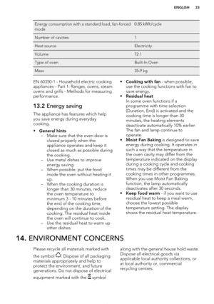 Page 33Energy consumption with a standard load, fan-forced
mode0.85 kWh/cycleNumber of cavities1Heat sourceElectricityVolume72 lType of ovenBuilt-In OvenMass35.9 kgEN 60350-1 - Household electric cooking
appliances - Part 1: Ranges, ovens, steam
ovens and grills - Methods for measuring performance.13.2  Energy saving
The appliance has features which help
you save energy during everyday
cooking.
• General hints
– Make sure that the oven door is closed properly when the
appliance operates and keep it
closed as...