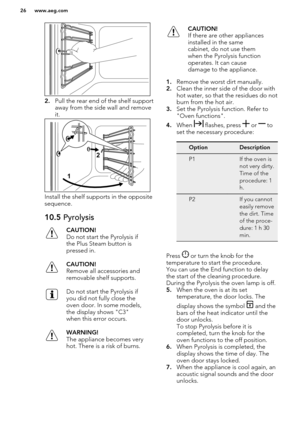 Page 262.Pull the rear end of the shelf support
away from the side wall and remove
it.
Install the shelf supports in the opposite
sequence.
10.5  PyrolysisCAUTION!
Do not start the Pyrolysis if the Plus Steam button is
pressed in.CAUTION!
Remove all accessories and
removable shelf supports.Do not start the Pyrolysis if
you did not fully close the
oven door. In some models,
the display shows "C3"
when this error occurs.WARNING!
The appliance becomes very
hot. There is a risk of burns.CAUTION!
If there...