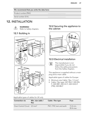 Page 27We recommend that you write the data here:Product number (PNC).........................................Serial number (S.N.).........................................12. INSTALLATIONWARNING!
Refer to Safety chapters.12.1  Building In12.2 Securing the appliance to
the cabinet12.3  Electrical installationThe manufacturer is not
responsible if you do not
follow the safety precautions
from the Safety chapters.
This appliance is supplied without a main plug and a main cable.
Applicable types of cables for...