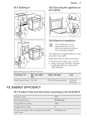 Page 2712.1 Building In12.2 Securing the appliance to
the cabinet12.3  Electrical installationThe manufacturer is not
responsible if you do not
follow the safety precautions
from the Safety chapters.
This appliance is supplied without a main plug and a main cable.
Applicable types of cables for Europe:
• Minimum size Cable / flex: 1,5 mm²
• Cable / flex type: H07 RN-F, H05 RN- F, H05 RRF, H05 VV-F, H05 V2V2-F
(T90), H05 BB-F
Applicable types of cables for UK onlyConnection viaMin. size cable /
flexCable / flex...