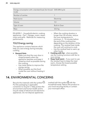 Page 28Energy consumption with a standard load, fan-forced
mode0.85 kWh/cycleNumber of cavities1Heat sourceElectricityVolume72 lType of ovenBuilt-In OvenMass32.2 kgEN 60350-1 - Household electric cooking
appliances - Part 1: Ranges, ovens, steam
ovens and grills - Methods for measuring performance.13.2  Energy saving
The appliance contains features which
help you save energy during everydaycooking.
• General hints
– Make sure that the oven door is closed properly when the
appliance operates and keep it
closed...