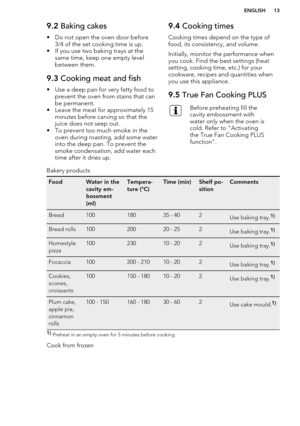 Page 139.2 Baking cakes
• Do not open the oven door before 3/4 of the set cooking time is up.
• If you use two baking trays at the same time, keep one empty level
between them.9.3  Cooking meat and fish
• Use a deep pan for very fatty food to
prevent the oven from stains that can
be permanent.
• Leave the meat for approximately 15 minutes before carving so that the
juice does not seep out.
• To prevent too much smoke in the oven during roasting, add some water
into the deep pan. To prevent the
smoke...