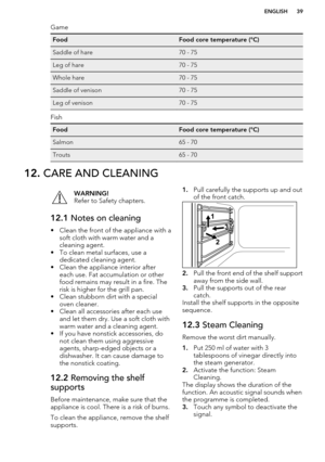 Page 39GameFoodFood core temperature (°C)Saddle of hare70 - 75Leg of hare70 - 75Whole hare70 - 75Saddle of venison70 - 75Leg of venison70 - 75
Fish
FoodFood core temperature (°C)Salmon65 - 70Trouts65 - 7012. CARE AND CLEANINGWARNING!
Refer to Safety chapters.12.1  Notes on cleaning
• Clean the front of the appliance with a
soft cloth with warm water and a
cleaning agent.
• To clean metal surfaces, use a dedicated cleaning agent.
• Clean the appliance interior after each use. Fat accumulation or other
food...