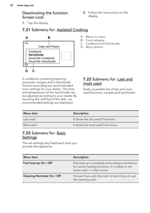 Page 22Deactivating the function:
Screen Lock
1. Tap the display.2.Follow the instructions on the
display.7.21  Submenu for: Assisted CookingA. Return to menu
B. Food category
C. Cookbook and VarioGuide
D. More optionsA cookbook containing inspiring
automatic recipes and a VarioGuide
function providing our recommended
oven settings for your dishes. The time and temperature of the VarioGuide can
be adjusted according to your needs. By
touching the chef hat of the dish, our
recommended settings are displayed.7.22...