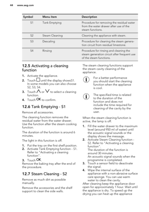 Page 44SymbolMenu itemDescriptionS1Tank EmptyingProcedure for removing the residual water
from the water drawer after use of the
steam functions.S2Steam CleaningCleaning the appliance with steam.S3DescalingProcedure for cleaning the steam genera-
tion circuit from residual limestone.S4RinsingProcedure for rinsing and cleaning the
steam generation circuit after frequent use
of the steam functions.12.5  Activating a cleaning
function
1. Activate the appliance.
2. Touch 
 until the display showsS1.
In some models...