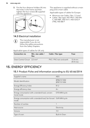 Page 363.Put the four distance holders (A) into
the holes in the frame and then
tighten the four screws (B) supplied
with the appliance.14.3  Electrical installationThe manufacturer is not
responsible if you do not
follow the safety precautions
from the Safety chapters.This appliance is supplied without a main plug and a main cable.
Applicable types of cables for Europe:
• Minimum size Cable / flex: 1,5 mm²
• Cable / flex type: H07 RN-F, H05 RN- F, H05 RRF, H05 VV-F, H05 V2V2-F
(T90), H05 BB-FApplicable types...