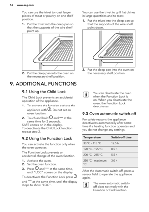 Page 14You can use the trivet to roast larger
pieces of meat or poultry on one shelf
position.
1. Put the trivet into the deep pan so
that the supports of the wire shelf
point up.
2. Put the deep pan into the oven on
the necessary shelf position.
You can use the trivet to grill flat dishes
in large quantities and to toast.
1. Put the trivet into the deep pan so
that the supports of the wire shelf
point down.
2. Put the deep pan into the oven on
the necessary shelf position.
9.  ADDITIONAL FUNCTIONS9.1  Using...