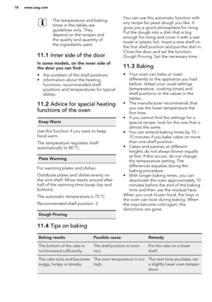 Page 18The temperature and baking
times in the tables are
guidelines only. They
depend on the recipes and
the quality and quantity of
the ingredients used.11.1  Inner side of the door
In some models, on the inner side of
the door you can find:
• the numbers of the shelf positions.
• information about the heating
functions, recommended shelf
positions and temperatures for typical
dishes.
11.2  Advice for special heating
functions of the ovenKeep Warm
Use this function if you want to keep food warm.
The...