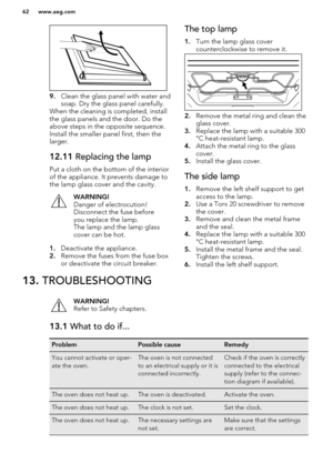 Page 629.Clean the glass panel with water and
soap. Dry the glass panel carefully.
When the cleaning is completed, install
the glass panels and the door. Do the
above steps in the opposite sequence.
Install the smaller panel first, then the
larger.
12.11  Replacing the lamp
Put a cloth on the bottom of the interior
of the appliance. It prevents damage to the lamp glass cover and the cavity.
WARNING!
Danger of electrocution!
Disconnect the fuse before
you replace the lamp.
The lamp and the lamp glass
cover can...