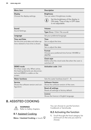 Page 24Menu itemDescriptionDisplay
Choose the display settings.Brightness
You can select 4 brightness modes.Set the brightness of the display in
ON state. Time of day in OFF state
is not adjustable.Sound
Sound Settings.VolumeType  (Beep / Click / No sound)LanguageSet your preferred language.Time and Date
Set the time and date and other op-
tions related to how time is shown.Time
Set or adjust the time.Date
Set or adjust the date.Format
Choose your preferred time format: HH:MM or
AM/PM.Clock style
Define what...