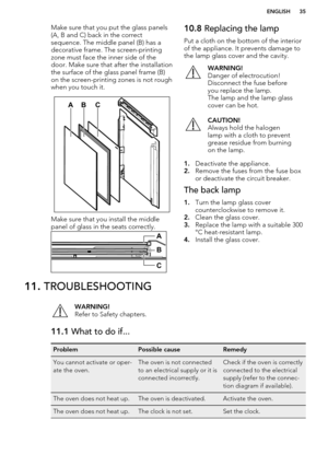 Page 35Make sure that you put the glass panels(A, B and C) back in the correct
sequence. The middle panel (B) has a decorative frame. The screen-printingzone must face the inner side of the
door. Make sure that after the installation
the surface of the glass panel frame (B)
on the screen-printing zones is not rough
when you touch it.
Make sure that you install the middle
panel of glass in the seats correctly.
10.8  Replacing the lamp
Put a cloth on the bottom of the interior
of the appliance. It prevents damage...