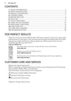 Page 2CONTENTS
1. SAFETY INFORMATION.................................................................................................3
2.  SAFETY INSTRUCTIONS................................................................................................ 4
3.  PRODUCT DESCRIPTION.............................................................................................. 6
4.  CONTROL PANEL........................................................................................................... 7
5.  BEFORE...