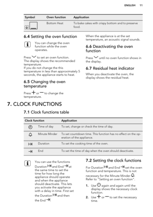 Page 11SymbolOven functionApplication
 
Bottom HeatTo bake cakes with crispy bottom and to preserve
food.6.4  Setting the oven functionYou can change the oven
function while the oven
operates.
Press  to set an oven function.
The display shows the recommended temperature.
If you do not change the this
temperature in less than approximately 5 seconds, the appliance starts to heat.
6.5  Changing the oven
temperature
Press  or  to change the
temperature.
When the appliance is at the set
temperature, an acoustic...