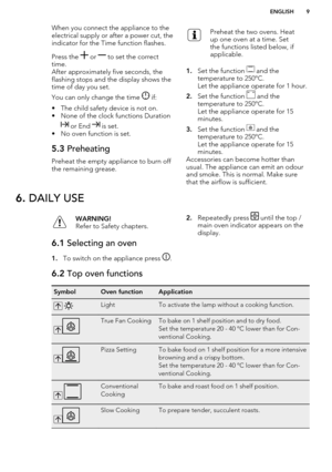 Page 9When you connect the appliance to theelectrical supply or after a power cut, the
indicator for the Time function flashes.
Press the 
 or  to set the correct
time.
After approximately five seconds, the
flashing stops and the display shows the
time of day you set.
You can only change the time 
 if:
• The child safety device is not on.
• None of the clock functions Duration
 or End  is set.
• No oven function is set.
5.3  Preheating
Preheat the empty appliance to burn off
the remaining grease.
Preheat the...