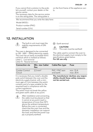 Page 29If you cannot find a solution to the prob-
lem yourself, contact your dealer or the
service centre.
The necessary data for the service centre
is on the rating plate. The rating plate ison the front frame of the appliance cavi-
ty.
We recommend that you write the data here:
Model (MOD.) .........................................
Product number (PNC) .........................................
Serial number (S.N.) .........................................
12. INSTALLATION
The built-in unit must meet the...