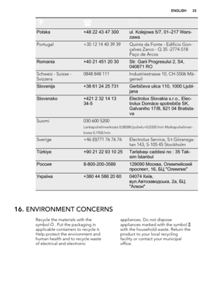 Page 35Polska+48 22 43 47 300ul. Kolejowa 5/7, 01–217 Wars‐
zawa
Portugal+35 12 14 40 39 39Quinta da Fonte - Edifício Gon-
çalves Zarco - Q 35 -2774-518
Paço de Arcos
Romania+40 21 451 20 30Str. Garii Progresului 2, S4,
040671 RO
Schweiz - Suisse -
Svizzera0848 848 111Industriestrasse 10, CH-5506 Mä-
genwil
Slovenija+38 61 24 25 731Gerbičeva ulica 110, 1000 Ljubl‐
jana
Slovensko+421 2 32 14 13
34-5Electrolux Slovakia s.r.o., Elec‐
trolux Domáce spotrebiče SK,
Galvaniho 17/B, 821 04 Bratisla‐
va
Suomi030 600...