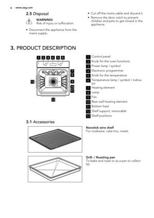 Page 62.5 Disposal
WARNING!
Risk of injury or suffocation.
• Disconnect the appliance from the
mains supply.• Cut off the mains cable and discard it.
• Remove the door catch to prevent
children and pets to get closed in the
appliance.
3. PRODUCT DESCRIPTION
12
7
9
11
10
8
412356
12345
13
1Control panel
2Knob for the oven functions
3Power lamp / symbol
4Electronic programmer
5Knob for the temperature
6Temperature lamp / symbol / indica-
tor
7Heating element
8Lamp
9Fan
10Rear wall heating element
11Bottom heat...