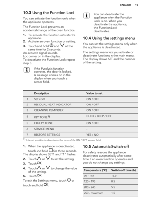 Page 1910.3 Using the Function Lock
You can activate the function only when the appliance operates.
The Function Lock prevents an
accidental change of the oven function.
1. To activate the function activate the
appliance.
2. Activate an oven function or setting.
3. Touch and hold 
 and  at the
same time for 2 seconds.
An acoustic signal sounds.
Loc comes on in the display.
To deactivate the Function Lock repeat
step 3.
If the Pyrolysis function
operates, the door is locked.
A message comes on in the
display...