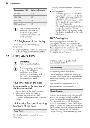 Page 20Temperature (°C)Switch-off time (h)30 - 11512.5120 - 1958.5200 - 2455.5250 - maximum1.5The Automatic switch-off
does not work with the
functions: Light, core
temperature sensor, End
Time, Duration.10.6  Brightness of the display
There are two modes of display
brightness:
• Night brightness - when the appliance is deactivated, the brightness of the
display is lower between 10 PM and 6
AM.
• Day brightness: – when the appliance is activated.
– if you touch a sensor field during the night brightness (apart...