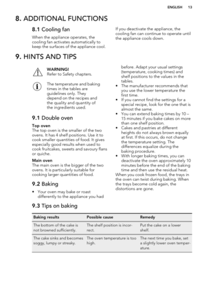 Page 138. ADDITIONAL FUNCTIONS8.1  Cooling fan
When the appliance operates, the cooling fan activates automatically to
keep the surfaces of the appliance cool.If you deactivate the appliance, the
cooling fan can continue to operate until
the appliance cools down.9.  HINTS AND TIPSWARNING!
Refer to Safety chapters.The temperature and baking
times in the tables are
guidelines only. They
depend on the recipes and
the quality and quantity of
the ingredients used.9.1  Double ovenTop oven
The top oven is the smaller...