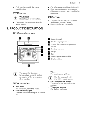 Page 7• Only use lamps with the samespecifications.2.7  DisposalWARNING!
Risk of injury or suffocation.
• Disconnect the appliance from the mains supply.
• Cut off the mains cable and discard it.
• Remove the door catch to prevent children and pets to get closed in the
appliance.2.8  Service
• To repair the appliance contact an
Authorised Service Centre.
• Use original spare parts only.
3.  PRODUCT DESCRIPTION3.1  General overview1Control panel2
Electronic programmer
3
Socket for the core temperature
sensor
4...