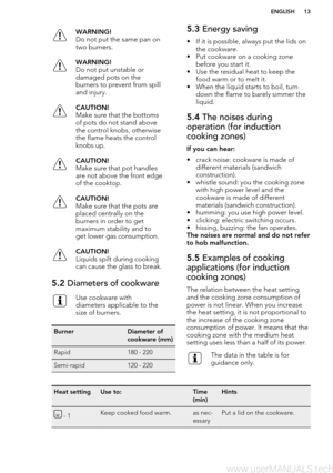 Page 13WARNING!
Do not put the same pan on
two burners.WARNING!
Do not put unstable or
damaged pots on the
burners to prevent from spill
and injury.CAUTION!
Make sure that the bottoms of pots do not stand above
the control knobs, otherwise
the flame heats the control
knobs up.CAUTION!
Make sure that pot handles
are not above the front edge
of the cooktop.CAUTION!
Make sure that the pots are
placed centrally on the
burners in order to get
maximum stability and to
get lower gas consumption.CAUTION!
Liquids spilt...