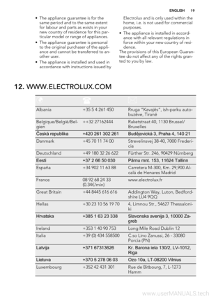 Page 19• The appliance guarantee is for the
same period and to the same extent
for labour and parts as exists in your
new country of residence for this par-
ticular model or range of appliances.
• The appliance guarantee is personal
to the original purchaser of the appli-
ance and cannot be transferred to an-
other user.
• The appliance is installed and used in
accordance with instructions issued byElectrolux and is only used within the
home, i.e. is not used for commercial
purposes.
• The appliance is...