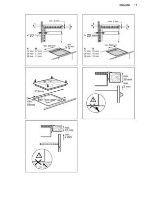 Page 17 
ENGLISH17min. 2 mm
A B
A 12 mm28 mm 38 mmB 57 mm41 mm31 mm
min  30 mmmin. 500 mm
< 20 mm > 20 mm
min. 2 mm
A
B
A 12 mm28 mm 38 mm B 57 mm41 mm31 mm
min. 500 mm R 5mm
min. 55mm560+1
mm490 +1
mm min. 38 mm 
min. 2 mm min. 12 mm min.  2 mm  