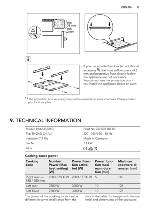 Page 17min.
38 mm
min.
2 mm
If you use a protection box (an additional
accessory1)), the front airflow space of 2
mm and protective floor directly below
the appliance are not necessary.
You can not use the protection box if
you install the appliance above an oven.
1) 
The protection box accessory may not be available in some countries. Please contact
your local supplier.
9. TECHNICAL INFORMATION
Modell HK683320XG Prod.Nr. 949 595 185 00
Typ 58 GAD C4 AU 220 - 240 V 50 - 60 Hz
Induction 7.4 kW Made in Germany...