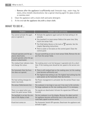 Page 16–Remove after the appliance is sufficiently cool: limescale rings , water rings, fat
stains, shiny metallic discolorations. Use a special cleaning agent for glass ceramic
or stainless steel.
2. Clean the appliance with a moist cloth and some detergent.
3. At the end rub the appliance dry with a clean cloth.
WHAT TO DO IF…
ProblemPossible cause and remedy
You cannot activate the appli-
ance or operate it.• Activate the appliance again and set the heat setting in 10
seconds.
• You touched 2 or more sensor...