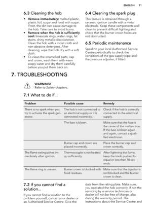 Page 116.3 Cleaning the hob
• Remove immediately:  melted plastic,
plastic foil, sugar and food with sugar. If not, the dirt can cause damage to
the hob. Take care to avoid burns.
• Remove when the hob is sufficiently
cool:  limescale rings, water rings, fat
stains, shiny metallic discoloration.
Clean the hob with a moist cloth and
non-abrasive detergent. After
cleaning, wipe the hob dry with a soft
cloth.
• To clean the enamelled parts, cap
and crown, wash them with warm
soapy water and dry them carefully...