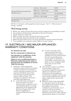 Page 19Energy efficiency per gas burner
(EE gas burner)
Left rear - Semi-rapid56.2%Right rear - Triple Crown52.0%Right front - Auxiliarynot applicableLeft front - Semi-rapid56.2%Energy efficiency for the gas hob
(EE gas hob) 54.8%
EN 30-2-1: Domestic cooking appliances burning gas - Part 2-1 : Rational use of energy - General
10.2  Energy saving
• Before use, make sure that the burners and pan supports are assembled correctly.
• Use cookware with diameters applicable to the size of burners. • Center the pot on...