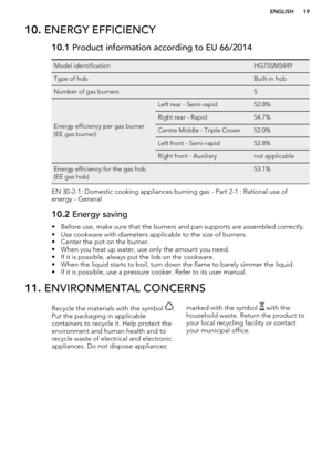 Page 1910. ENERGY EFFICIENCY10.1  Product information according to EU 66/2014Model identification HG75SM5449Type of hob Built-in hobNumber of gas burners 5
Energy efficiency per gas burner
(EE gas burner)
Left rear - Semi-rapid52.8%Right rear - Rapid54.7%Centre Middle - Triple Crown52.0%Left front - Semi-rapid52.8%Right front - Auxiliarynot applicableEnergy efficiency for the gas hob
(EE gas hob) 53.1%
EN 30-2-1: Domestic cooking appliances burning gas - Part 2-1 : Rational use of energy - General
10.2  Energy...