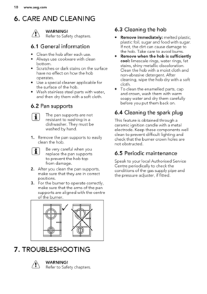 Page 106. CARE AND CLEANINGWARNING!
Refer to Safety chapters.6.1  General information
• Clean the hob after each use.
• Always use cookware with clean bottom.
• Scratches or dark stains on the surface have no effect on how the hob
operates.
• Use a special cleaner applicable for the surface of the hob.
• Wash stainless steel parts with water, and then dry them with a soft cloth.
6.2  Pan supportsThe pan supports are not
resistant to washing in a
dishwasher. They must be
washed by hand.
1. Remove the pan...