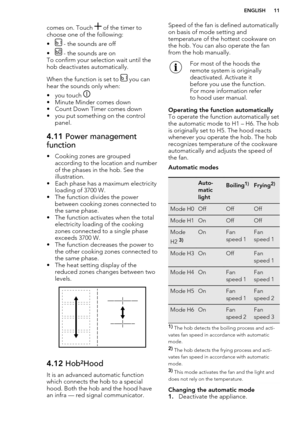 Page 11comes on. Touch  of the timer to
choose one of the following:
•
 - the sounds are off
•
 - the sounds are on
To confirm your selection wait until the hob deactivates automatically.
When the function is set to 
 you can
hear the sounds only when:
• you touch 
• Minute Minder comes down
• Count Down Timer comes down
• you put something on the control panel.
4.11  Power management
function
• Cooking zones are grouped according to the location and number
of the phases in the hob. See the illustration.
• Each...